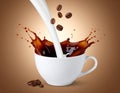 Coffee and milk flow with beans falling into a bowl on a brown gradient background. Royalty Free Stock Photo