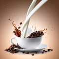 Coffee and milk flow with beans falling into a bowl on a brown gradient background. Royalty Free Stock Photo