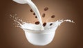 Coffee and milk flow with beans falling into a bowl on a brown gradient background. Royalty Free Stock Photo