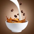 Coffee and milk flow with beans falling into a bowl on a brown gradient background. Royalty Free Stock Photo