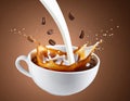 Coffee and milk flow with beans falling into a bowl on a brown gradient background. Royalty Free Stock Photo