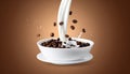 Coffee and milk flow with beans falling into a bowl on a brown gradient background. Royalty Free Stock Photo