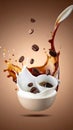 Coffee and milk flow with beans falling into a bowl on a brown gradient background. Royalty Free Stock Photo