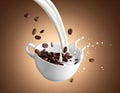 Coffee and milk flow with beans falling into a bowl on a brown gradient background. Royalty Free Stock Photo