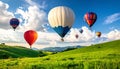 Dream world. Hot air balloons in sky with clouds over green meadow Royalty Free Stock Photo