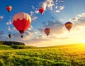 Dream world. Hot air balloons in sky with clouds over green meadow Royalty Free Stock Photo