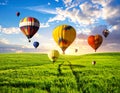 Dream world. Hot air balloons in sky with clouds over green meadow Royalty Free Stock Photo