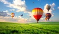 Dream world. Hot air balloons in sky with clouds over green meadow Royalty Free Stock Photo