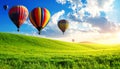 Dream world. Hot air balloons in sky with clouds over green meadow Royalty Free Stock Photo
