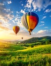 Dream world. Hot air balloons in sky with clouds over green meadow Royalty Free Stock Photo