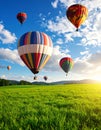 Dream world. Hot air balloons in sky with clouds over green meadow Royalty Free Stock Photo