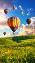 Dream world. Hot air balloons in sky with clouds over green meadow Royalty Free Stock Photo