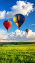 Dream world. Hot air balloons in sky with clouds over green meadow Royalty Free Stock Photo