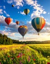 Dream world. Hot air balloons in sky with clouds over green meadow Royalty Free Stock Photo
