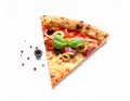 Slice of tasty pizza with olive and sausages on white background Royalty Free Stock Photo