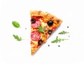 Slice of tasty pizza with olive and sausages on white background Royalty Free Stock Photo