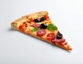 Slice of tasty pizza with olive and sausages on white background Royalty Free Stock Photo