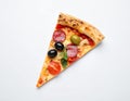 Slice of tasty pizza with olive and sausages on white background Royalty Free Stock Photo