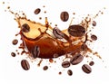 Coffee splash and roasted beans in air on white background Royalty Free Stock Photo