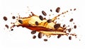 Coffee splash and roasted beans in air on white background Royalty Free Stock Photo
