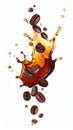 Coffee splash and roasted beans in air on white background Royalty Free Stock Photo