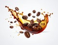 Coffee splash and roasted beans in air on white background Royalty Free Stock Photo