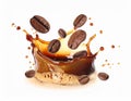 Coffee splash and roasted beans in air on white background Royalty Free Stock Photo