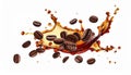 Coffee splash and roasted beans in air on white background Royalty Free Stock Photo