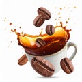 Coffee splash and roasted beans in air on white background Royalty Free Stock Photo