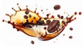 Coffee splash and roasted beans in air on white background Royalty Free Stock Photo