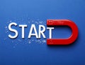 Red magnet with word START on dark blue background, top view Royalty Free Stock Photo