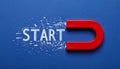 Red magnet with word START on dark blue background, top view Royalty Free Stock Photo