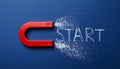 Red magnet with word START on dark blue background, top view Royalty Free Stock Photo