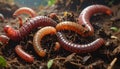 Worms in wet soil, closeup. Terrestrial invertebrates Royalty Free Stock Photo