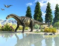 Uberabatitan dinosaur walking in the lake among tempskya trees and onychiopsis plants Royalty Free Stock Photo