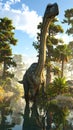 Uberabatitan dinosaur walking in the lake among tempskya trees and onychiopsis plants Royalty Free Stock Photo