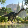 Uberabatitan dinosaur walking in the lake among tempskya trees and onychiopsis plants Royalty Free Stock Photo