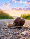 Big snail in shell crawling on road, summer day. Slug close up Royalty Free Stock Photo