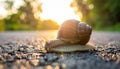 Big snail in shell crawling on road, summer day. Slug close up Royalty Free Stock Photo