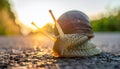 Big snail in shell crawling on road, summer day. Slug close up Royalty Free Stock Photo