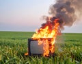 An old CRT television set is engulfed in flames, producing thick black smoke Royalty Free Stock Photo