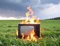 An old CRT television set is engulfed in flames Royalty Free Stock Photo