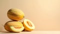 Stack of fresh melons on beige background. Space for text Royalty Free Stock Photo