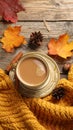 Flat lay composition with cup of hot drink on wooden table. Cozy autumn atmosphere Royalty Free Stock Photo