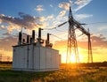 Modern electrical substation at sunset, low angle view Royalty Free Stock Photo