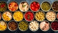 Open tin cans of conserved products, top view Royalty Free Stock Photo