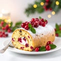 Festive Christmas Cake Roll with Cream and Berries Royalty Free Stock Photo