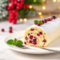 Festive Christmas Cake Roll with Cream and Berries Royalty Free Stock Photo