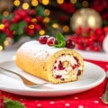 Festive Christmas Cake Roll with Cream and Berries Royalty Free Stock Photo