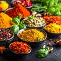 Colorful Spices Flat Lay â Assorted Indian and Asian Seasonings Royalty Free Stock Photo